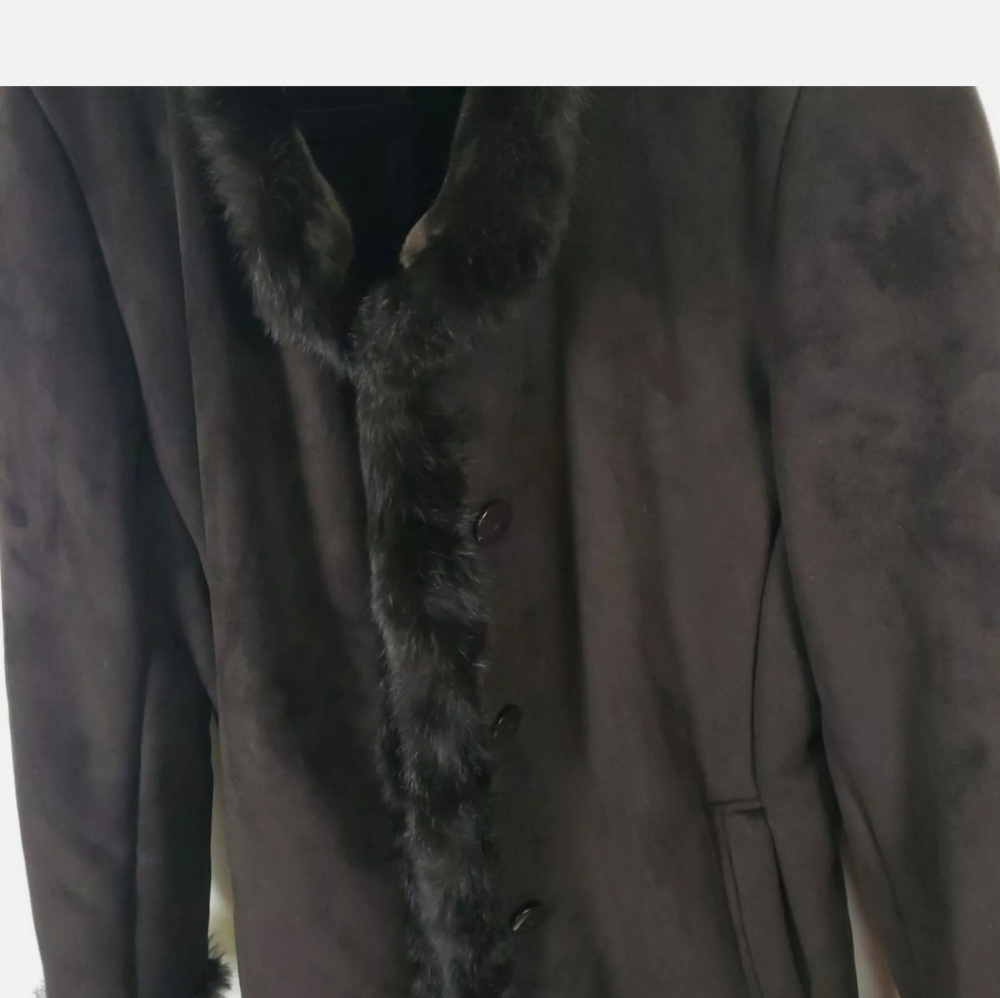 A Brown Dana Buchman Fur Trim Coat Size Large - Picture 8 of 10